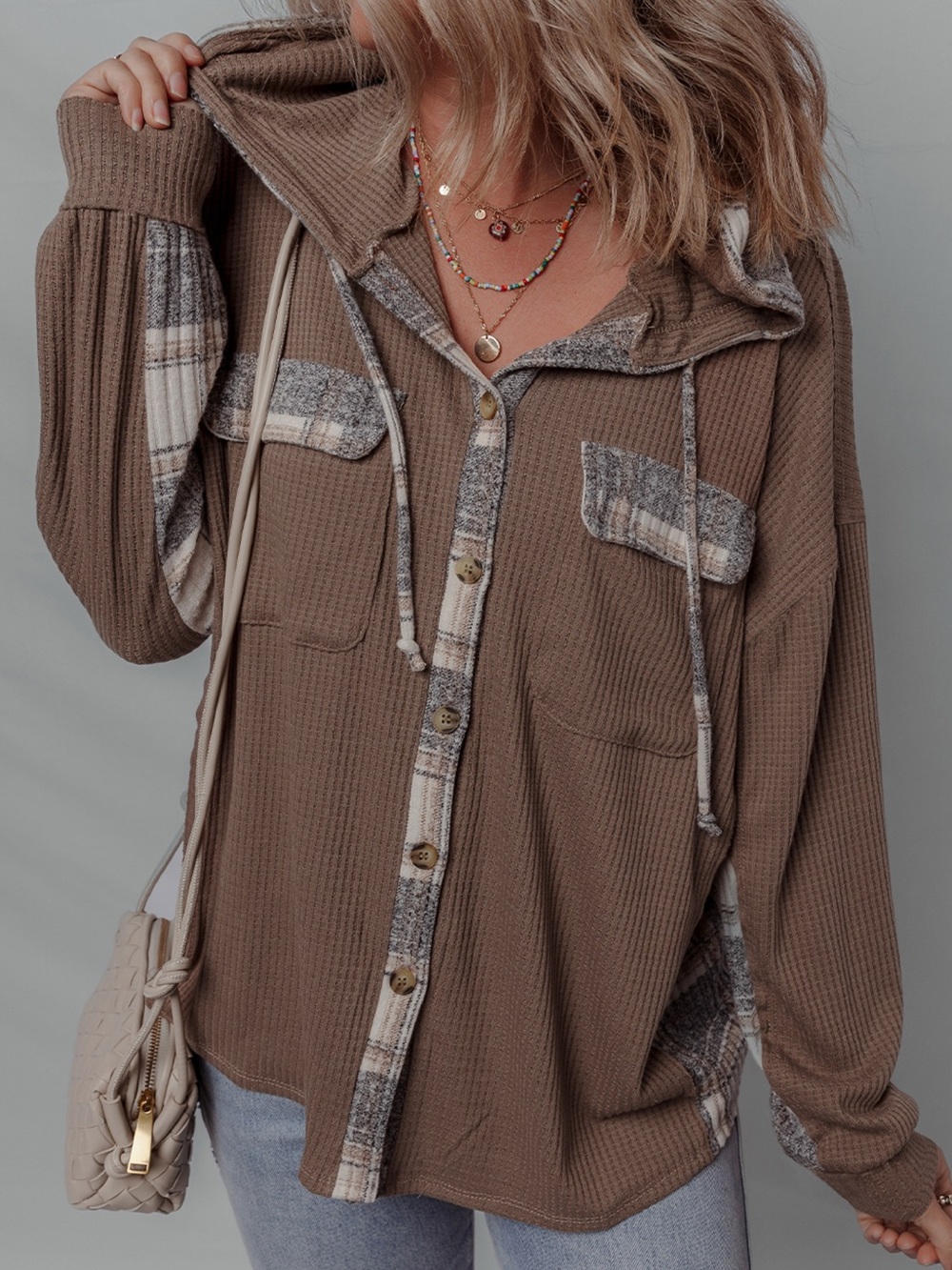 Plaid Patchwork Button Down Drawstring Hooded Shacket - Picture 2 of 4
